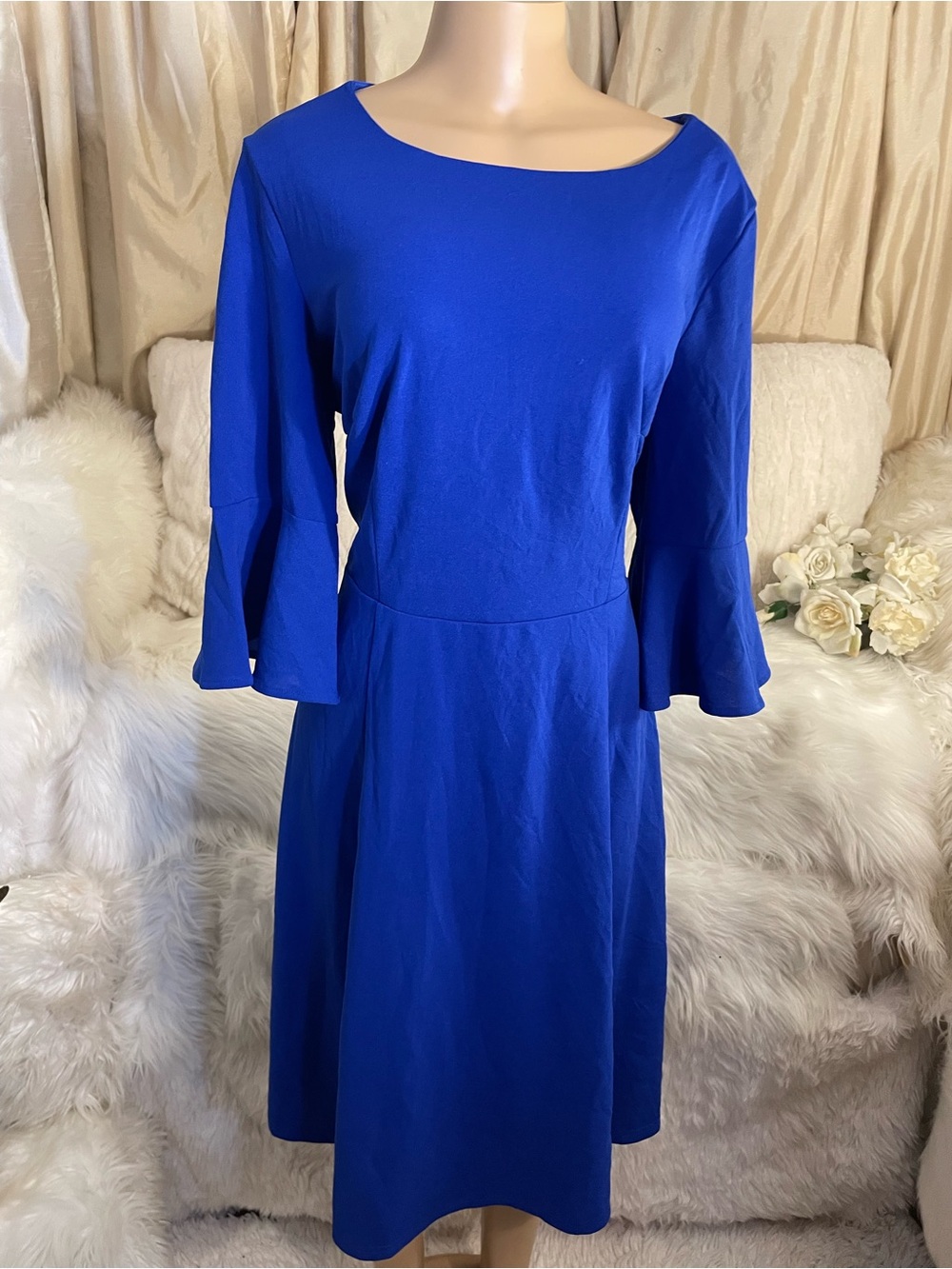 Skin Royal Blue Long-Sleeve Flared-Sleeve A-Line Dress